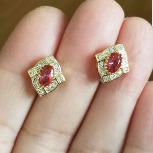 New 18K Gold Plated Oval Cut Ruby Diamond Stud Earrings for Women